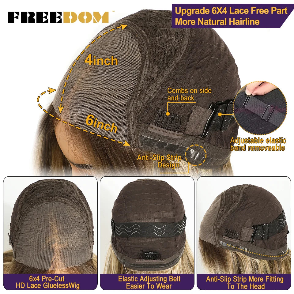 FREEDOM Layered Straight Synthetic Lace Front Wigs For Women Short Bob 6x4 Wear And Go Glueless Wig Ombre Brown Pre Plucked Wigs