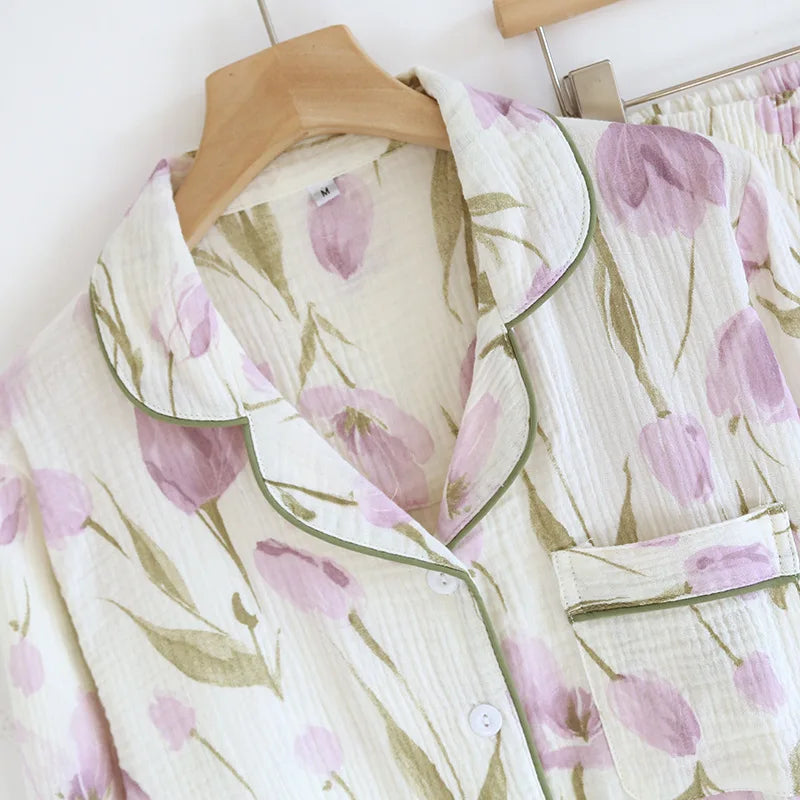 2026 Japanese New Spring and Autumn Women's Pajama Set 100% Cotton Gauze Long Sleeve Casual Home Clothes Two Piece Set