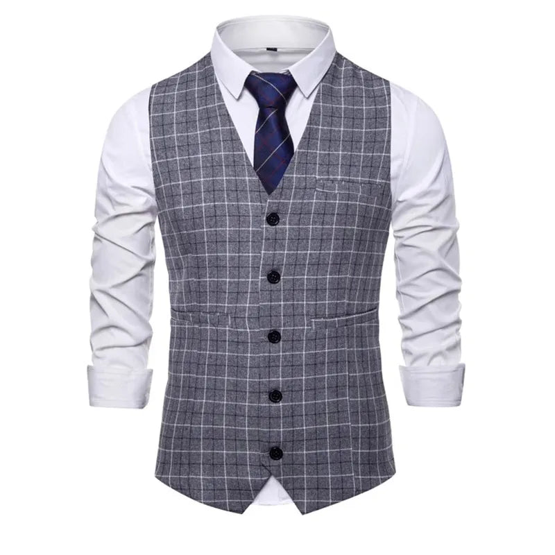 New Men Business Social Checkered Suit Vest Loose Top Homme Wedding Ball Party Dress Waistcoat