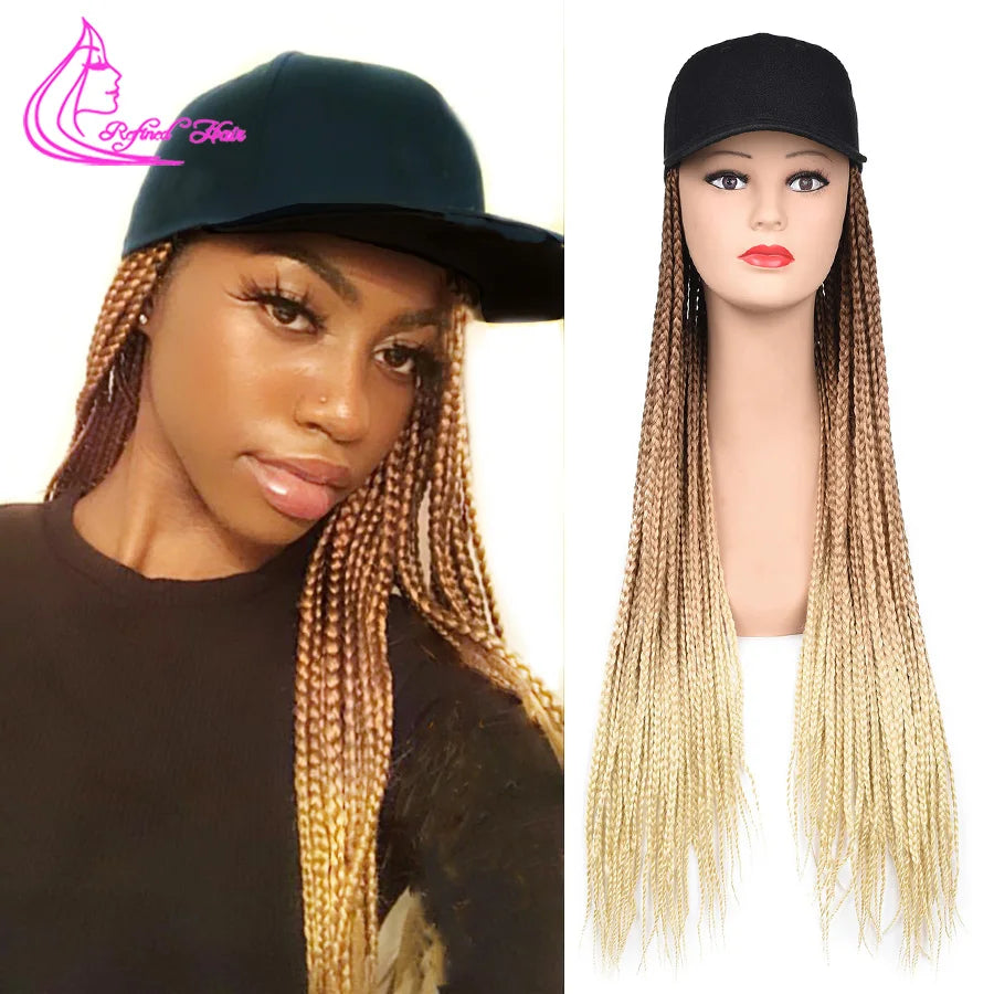 Synthetic Hat Wig Baseball Cap with Braiding Hair 24inch Long Braids Wigs Women Girls Daily Wear Ombre Blue Grey Brown Blonde