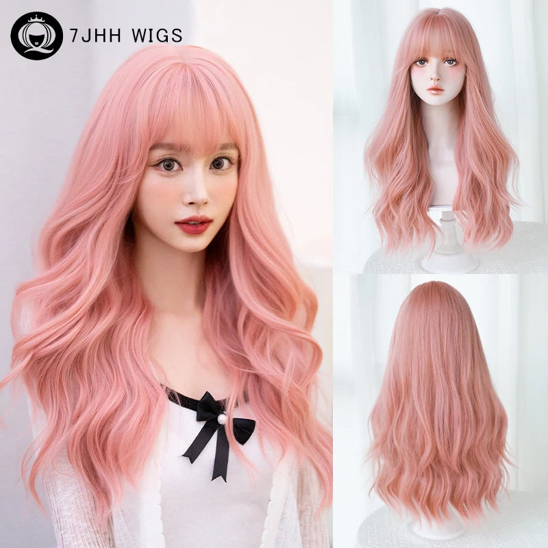 7JHH WIGS Loose Body Wavy Brown Hair Wigs with Neat Bangs High Density Synthetic Fashion Wave Wig for Women Natural Looking