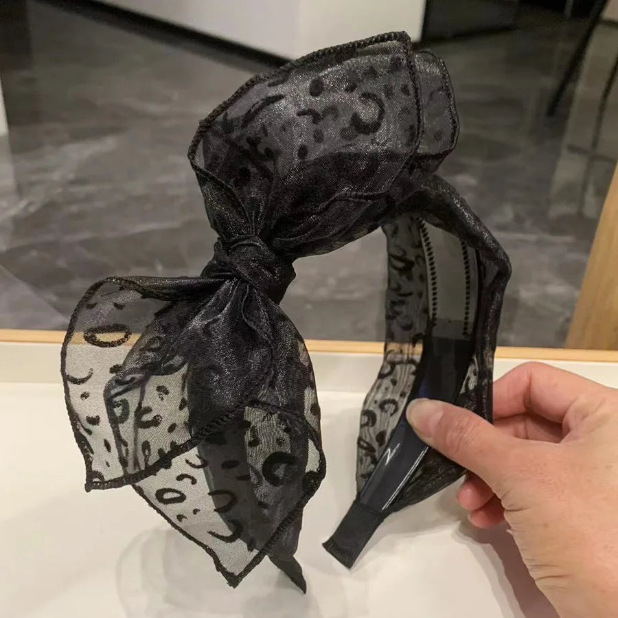 Vintage Leopard Print Hairband for Women Handmade Bow Hair Hoop Mesh Hair Bow Headbands Female Hair Accessories