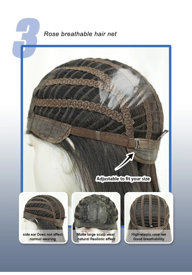 7JHH WIGS Loose Body Wavy Brown Hair Wigs with Neat Bangs High Density Synthetic Fashion Wave Wig for Women Natural Looking