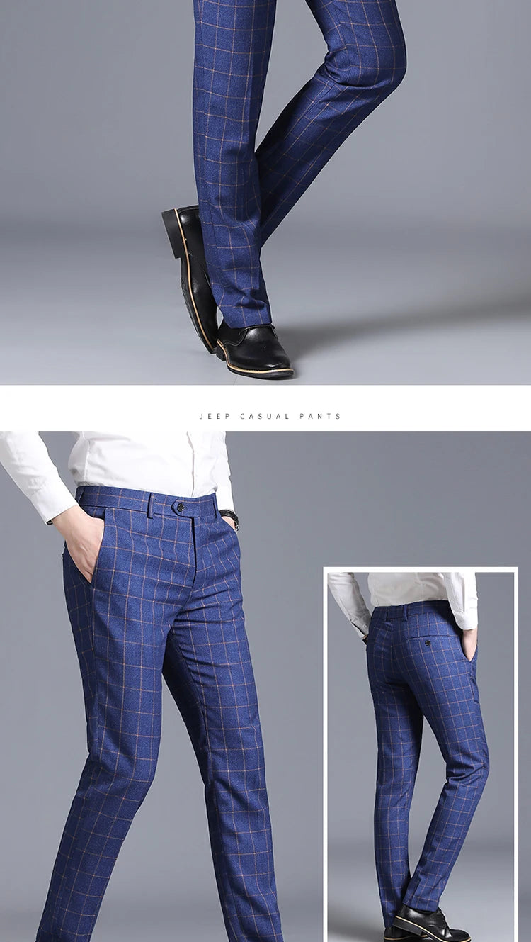 2025 New Burgundy Navy Plaid Casual Suit Pants for Men, Beige/Blue Vertical Stripe Non-Iron Slim Small Leg Work Trousers Men