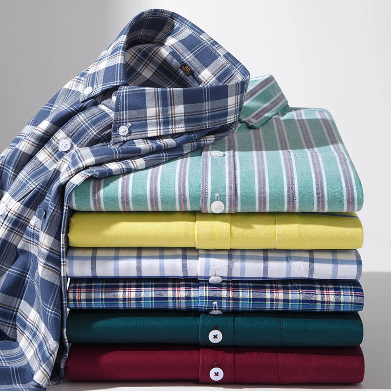 100% Pure Cotton Men Shirts Long Sleeve Dress Shirts Male Slim Social Business Blouse Solid Color Oxford Shirt 8XL 10XL 11XL