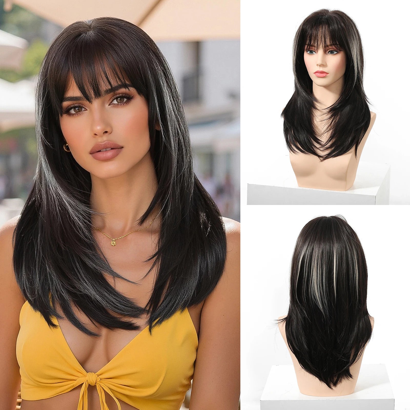 EASIHAIR Brown Straight Layered Wigs for Women Long Natural Hair Synthetic Wigs With Bangs Daily Use Party Heat Resistant Wigs