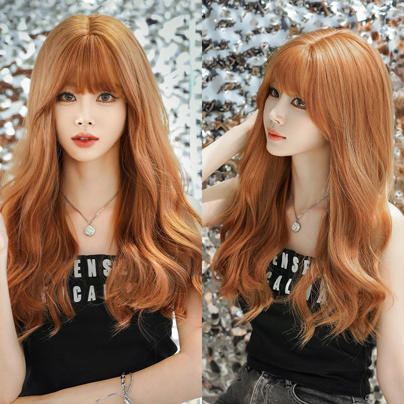 7JHH WIGS Body Wavy Wig Long Loose Curly Brown Wig for Women Daily Use High Density Synthetic Layered Hair Wigs with Bangs