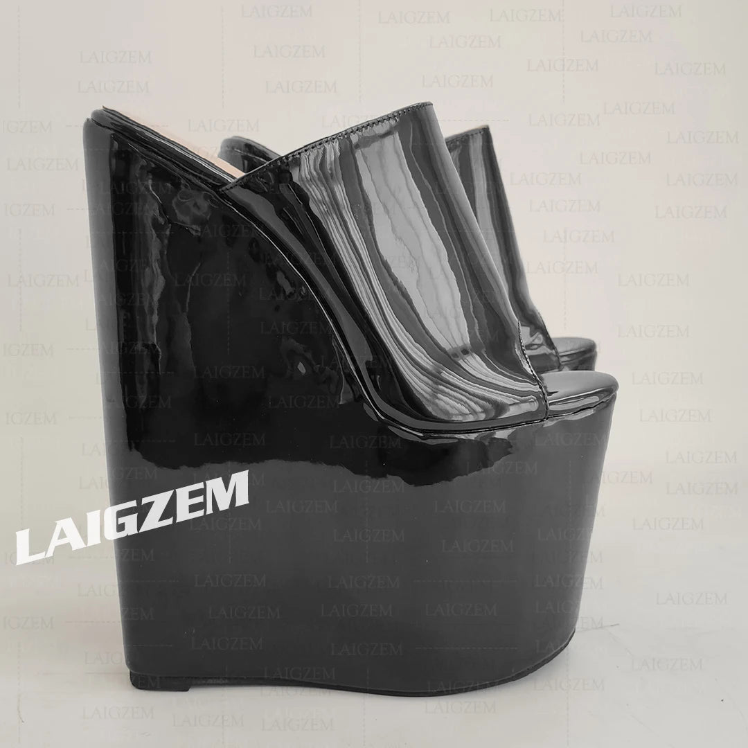 LAIGZEM Women Pumps Wedges Slip on Peep Toe 22CM High Heels Mules Party Ladies Height Increase Shoes Woman Large Size 41 44 48