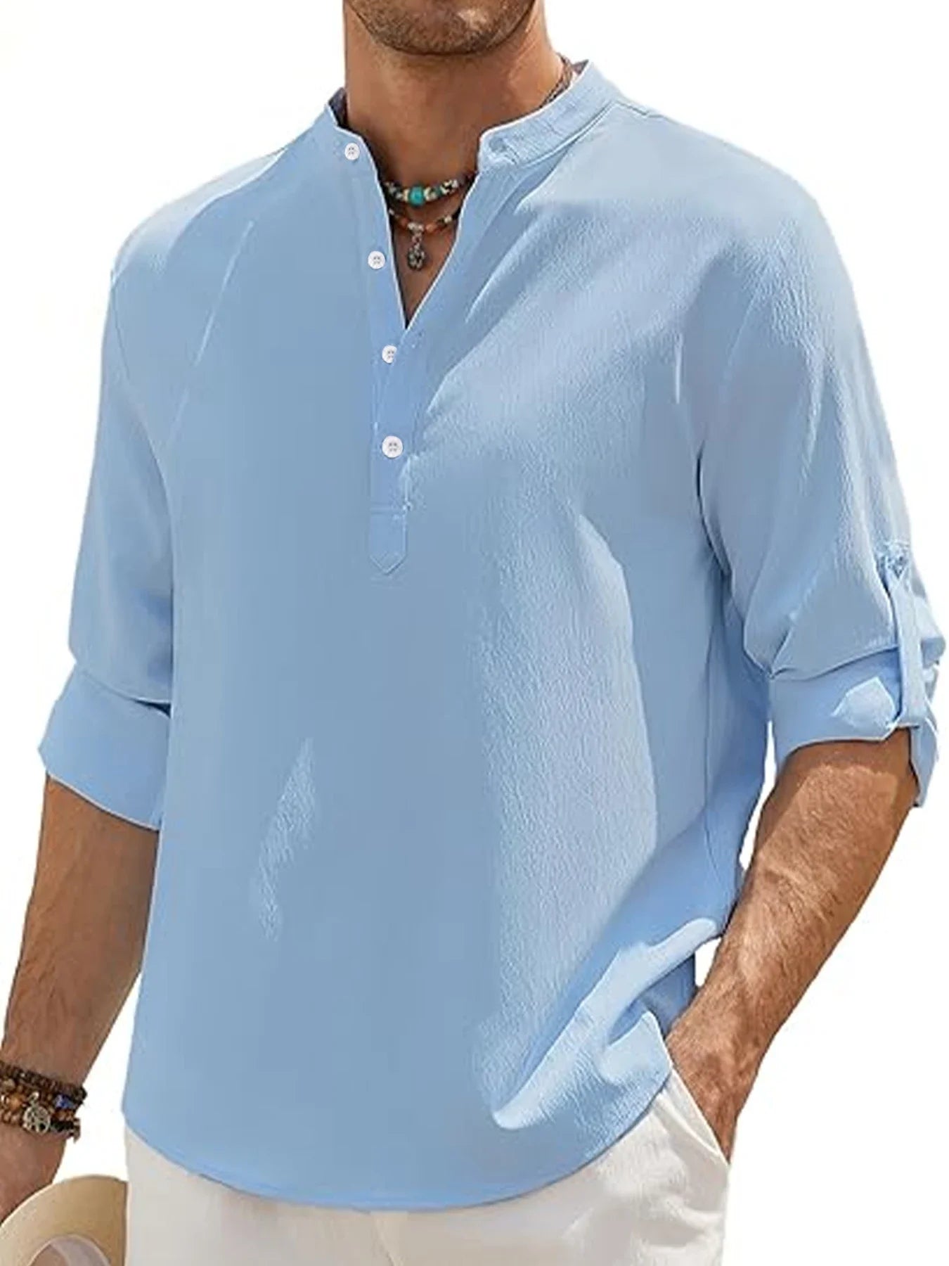 Men's Linen Shirt Summer 2025 Casual Short Sleeve Breathable Stand Collar Loose Fit Trendy Solid Color Youth Top with Pocket