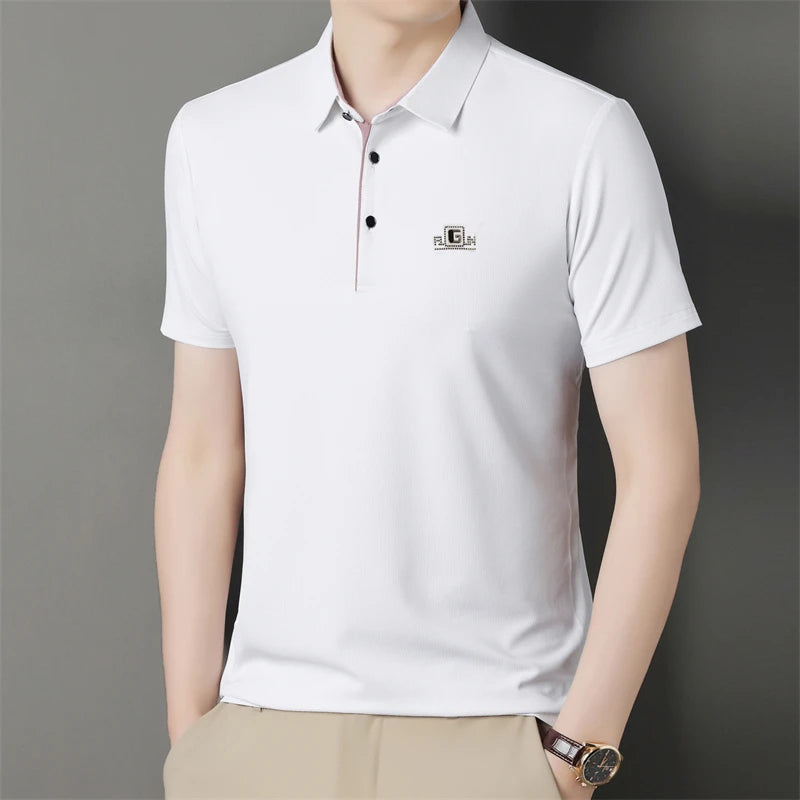 New Men's Business Casual Short Sleeved Shirt with Badge Solid Color Polo Shirt Fashionable Breathable Comfortable Versatile Top