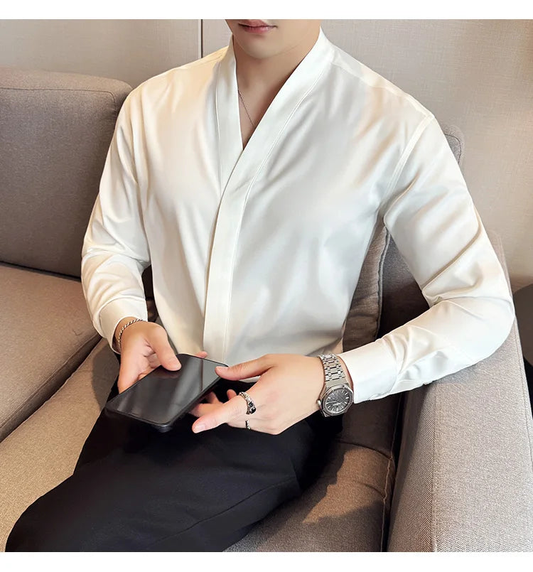 High Quality Collarless Shirts Men Fashion Slim Fit Long Sleeve Casual Shirts Business Office Social Formal Shirt Men Clothig