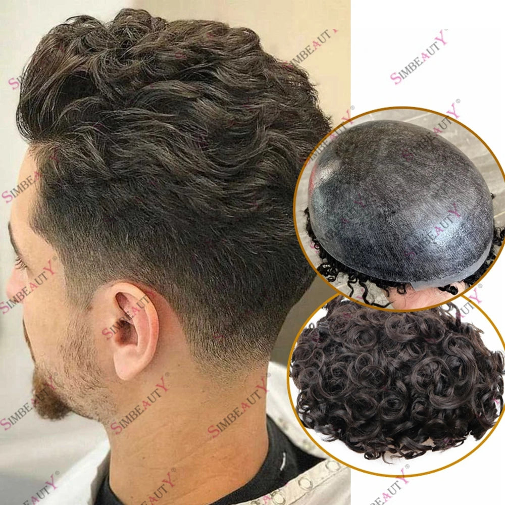 Durable Natural Hairline Human Hair Men's Toupee 26mm Curly Managable Skin Base #1 Jet Black Brown Hair Capillary Prosthesis