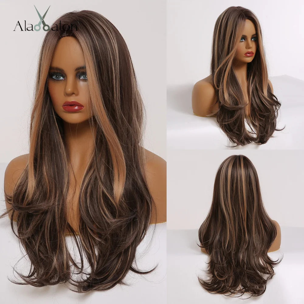 ALAN EATON Long Wave Dark Brown Synthetic Wigs for Black Women Middle Parted Wigs with Highlights Cosplay Hair Heat Resistant