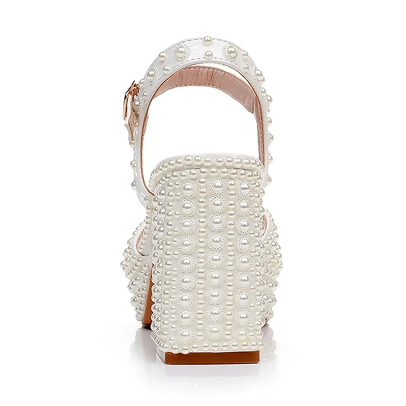 Luxury Handmade Full Pearls Thick Heeled Women Gladiator Sandals Fashion Summer Platform Wedges High heels Chunky Sandals Shoes