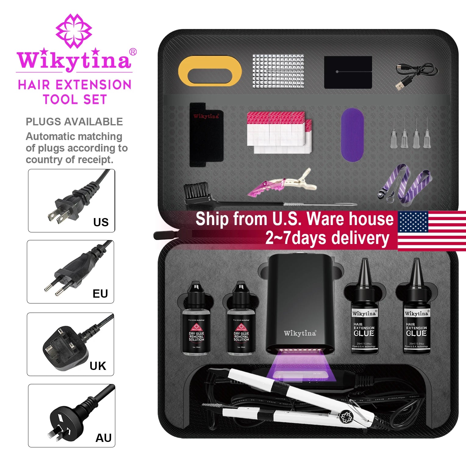 2026 UV V Light Hair Extension Set Wikytina Tools Kit, UV Extension Glue Long-Lasting Remover Machine - Salon Styling Tools