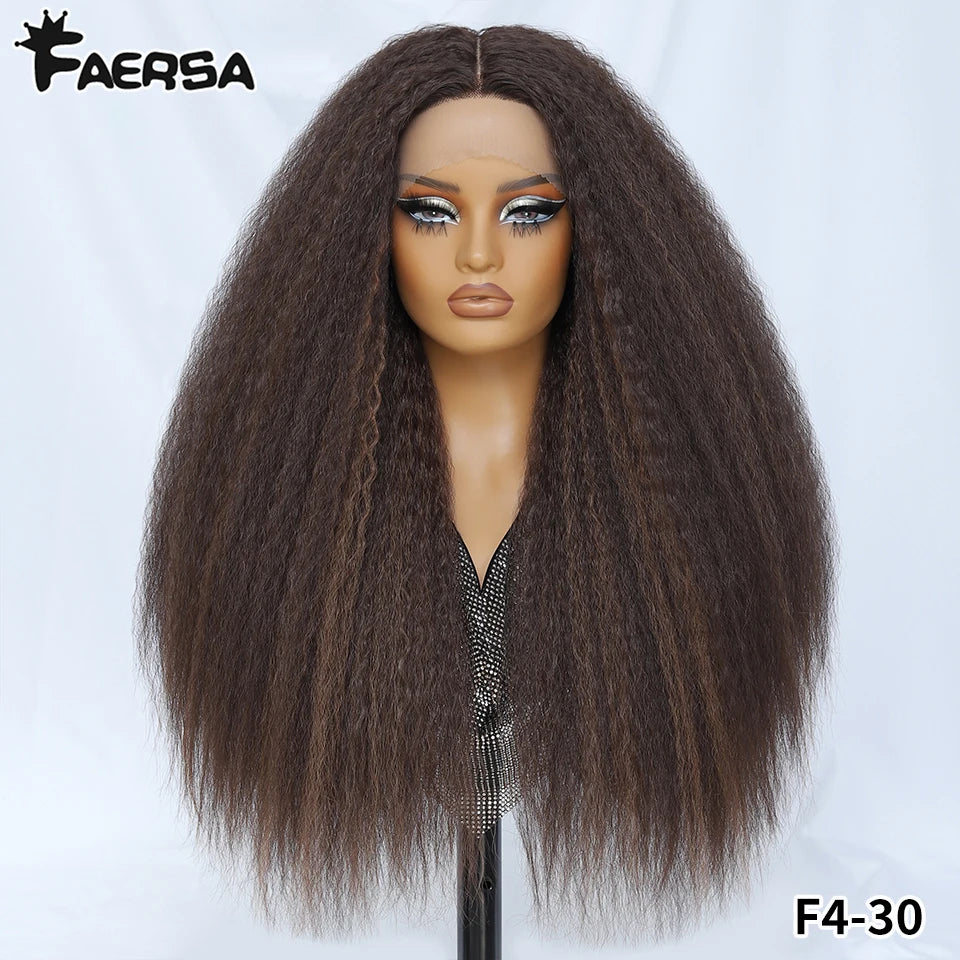Kinky Straight Lace Front Wig T-Part 28Inch Synthetic 13x5x1 Long Lace Wigs Afro Yaki Straight Wigs Ombre Brown For Black Women