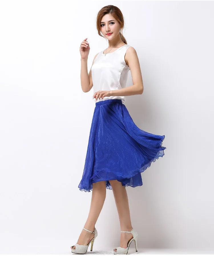 Summer Women Silk Tutu Skirts Chiffon Pleated Dance Beach Wedding Party Skirt Black White Elastic High Waist Midi Skirts