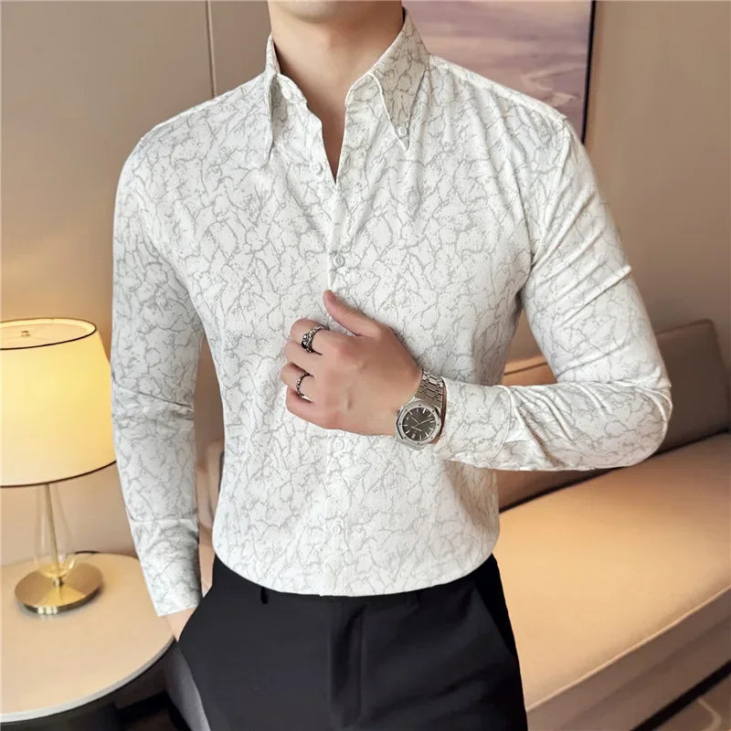 Men Dress Shirt 2024 Solid Casual Long Sleeve Slim Fit Print Shirt Fashion Formal Social Banquet Tuxedo Wedding Men Clothing