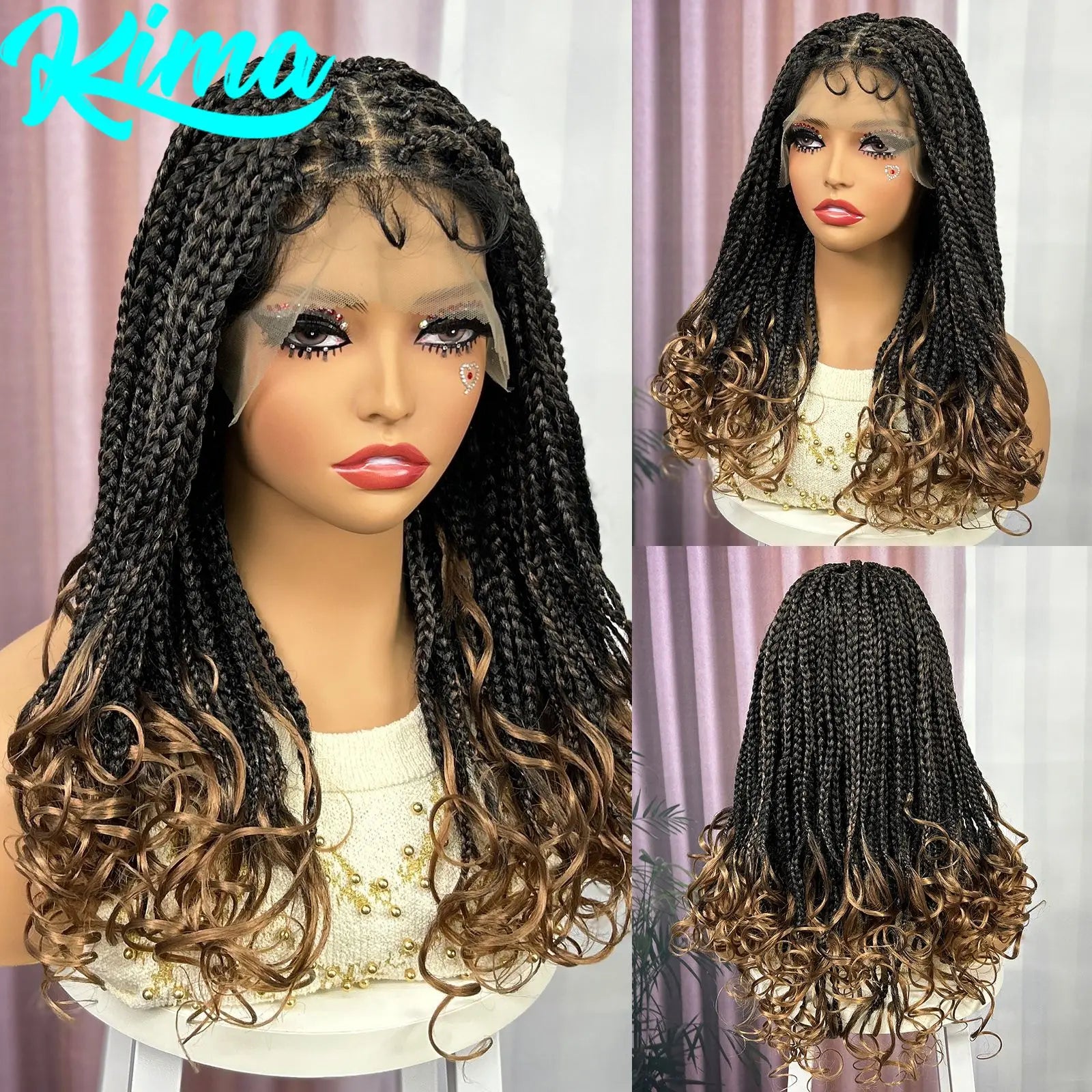 Ombre Synthetic Lace Front Square Knotless Box Braided Wig with Wavy Ends Lace Frontal Braids Wig with Baby Hair for Black Women