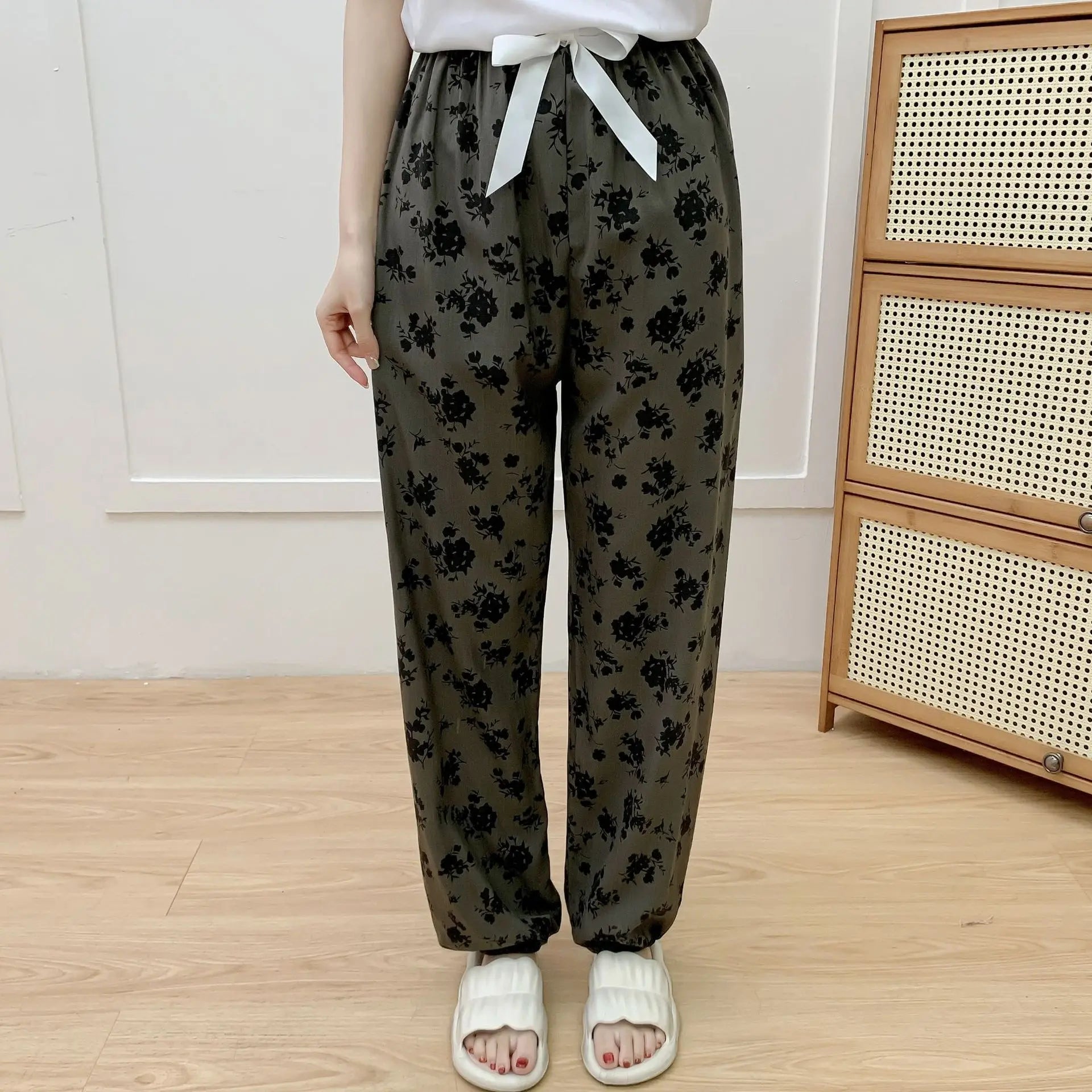 New Korean Style Pants Summer Cropped Trousers Women's Flower Home Clothes Loose Wide Leg Pants Casual Beach Outfits Sweatpants