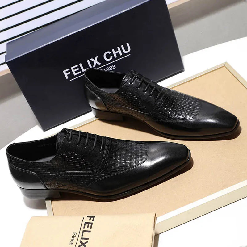 Luxury Genuine Leather Oxford Shoes Men Elegant Office Pointed Toe High Quality Black Blue Lace Up Mens Business Dress Shoes