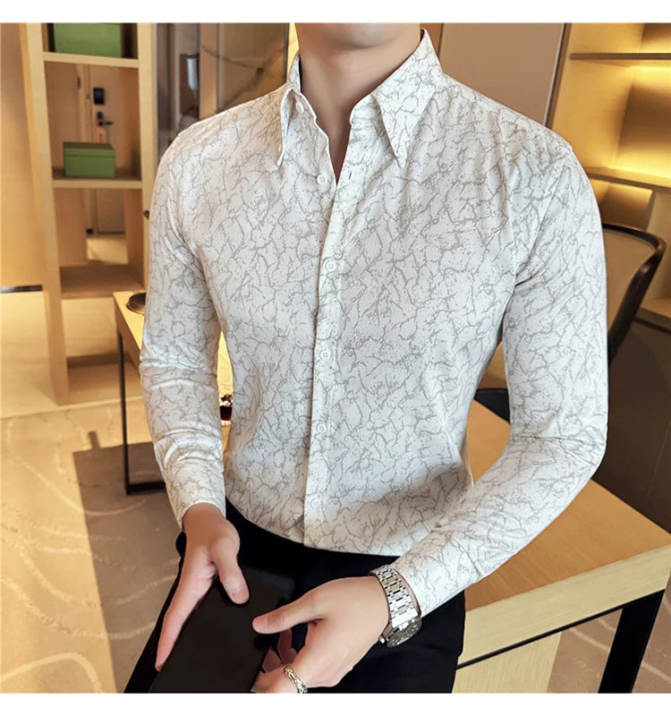 Men Dress Shirt 2024 Solid Casual Long Sleeve Slim Fit Print Shirt Fashion Formal Social Banquet Tuxedo Wedding Men Clothing