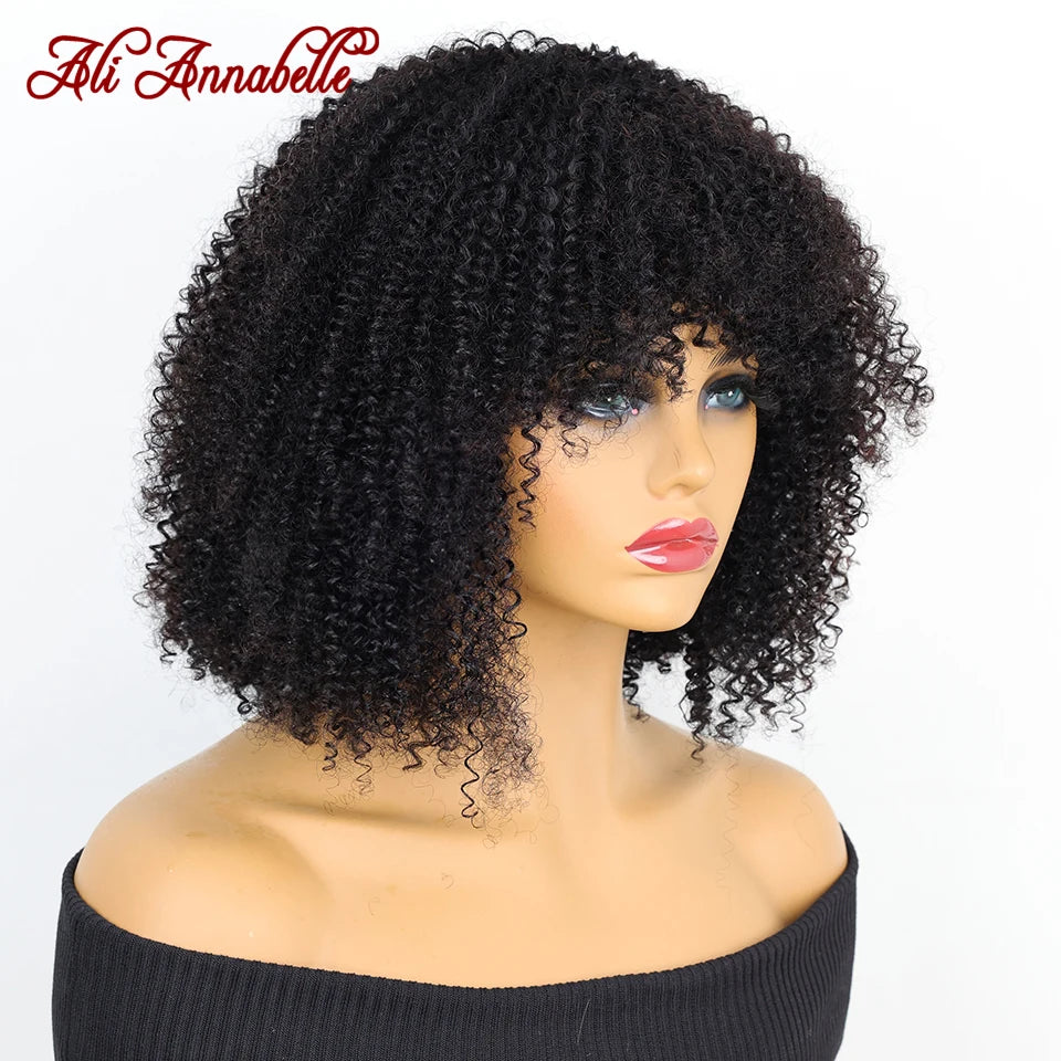 ALI ANNABELLE HAIR Curly Wigs With Bangs For Black Women Machine Made Wigs Kinky Curly 180% Brazilian Natural Color No Lace Wigs
