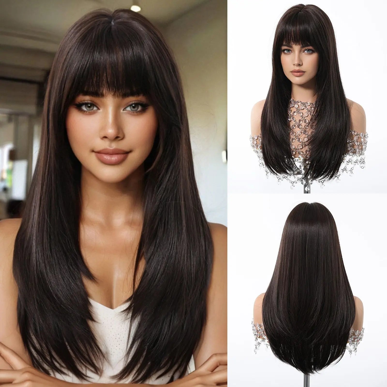 EASIHAIR Purple Synthetic Wigs for Women Long Straight Layered Hair Wigs With Side Bangs Ombre Purple Black Wigs Heat Resistant