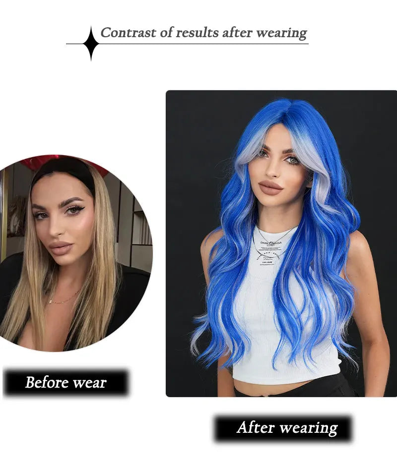 NAMM Highlight Skunk Wig Body Wave Synthetic Blue Wig for Women Daily Party Use Highlight Ash Wavy Wigs With Medium Wigs