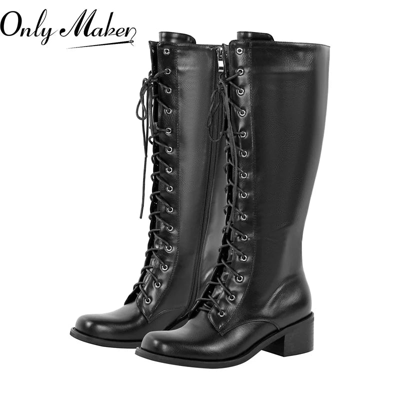 Onlymaker Women Knee High Boots Round Toe Black Matte Gothic Heeled Concise Side Zipper Winter Lace UP Motorcycle Boots