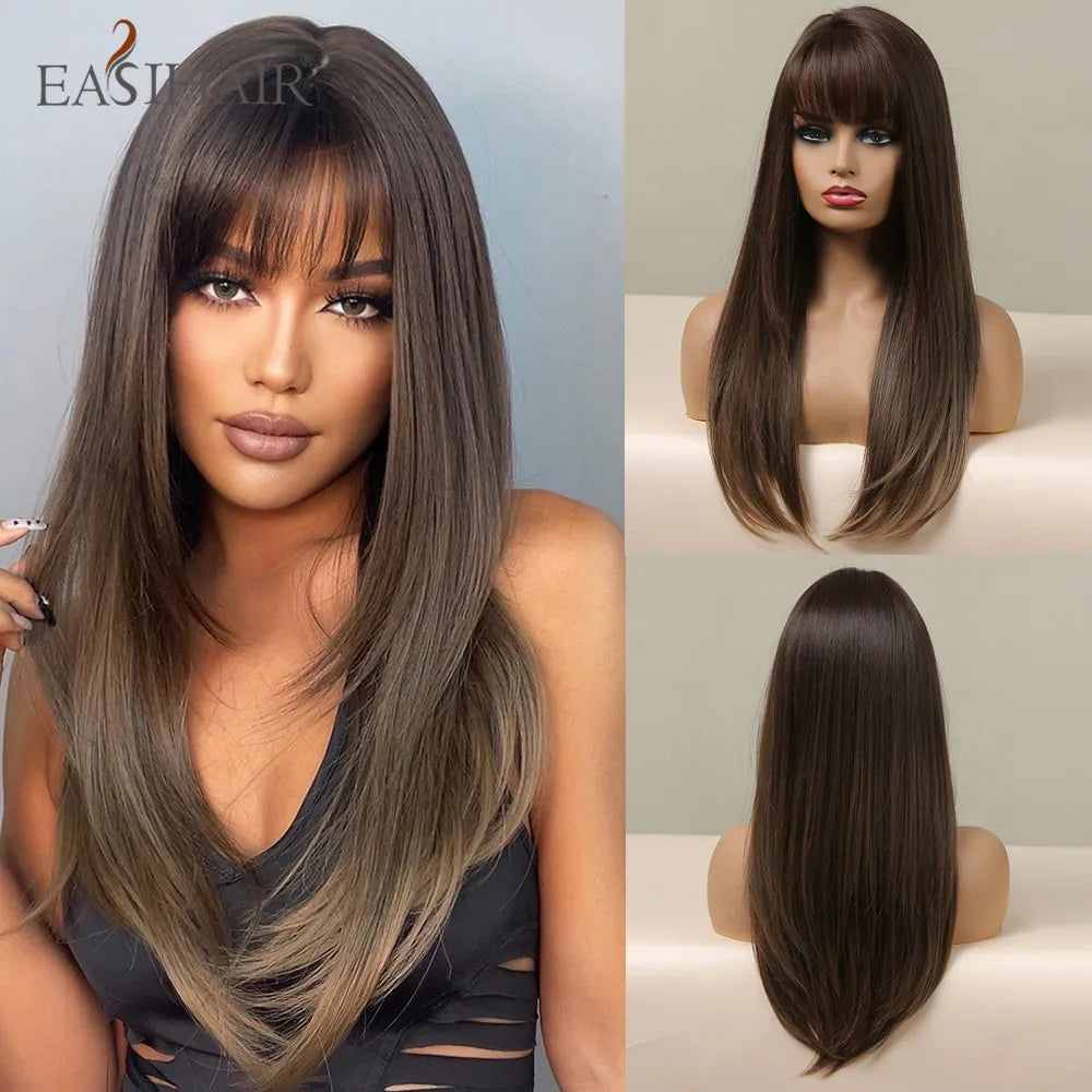 EASIHAIR Ombre Brown Light Blonde Platinum Long Wavy Middle Part Hair Wig Cosplay Natural Heat Resistant Synthetic Wig for Women
