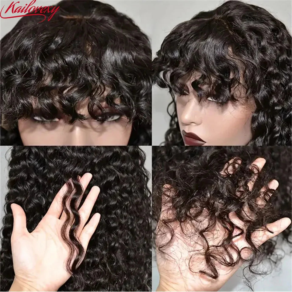 Water Wave Wig with Bangs Human Hair Full Machine Made Scalp Top Wig Glueless Virgin Brazilian Long Curly Wig No Lace for Women