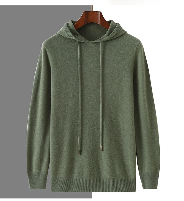 Men's Autumn Winter 100% Merino Wool Sweater Hooded Collar Knitted Pullover Cashmere Sweatshirt Casual Large Tops Long Sleeved