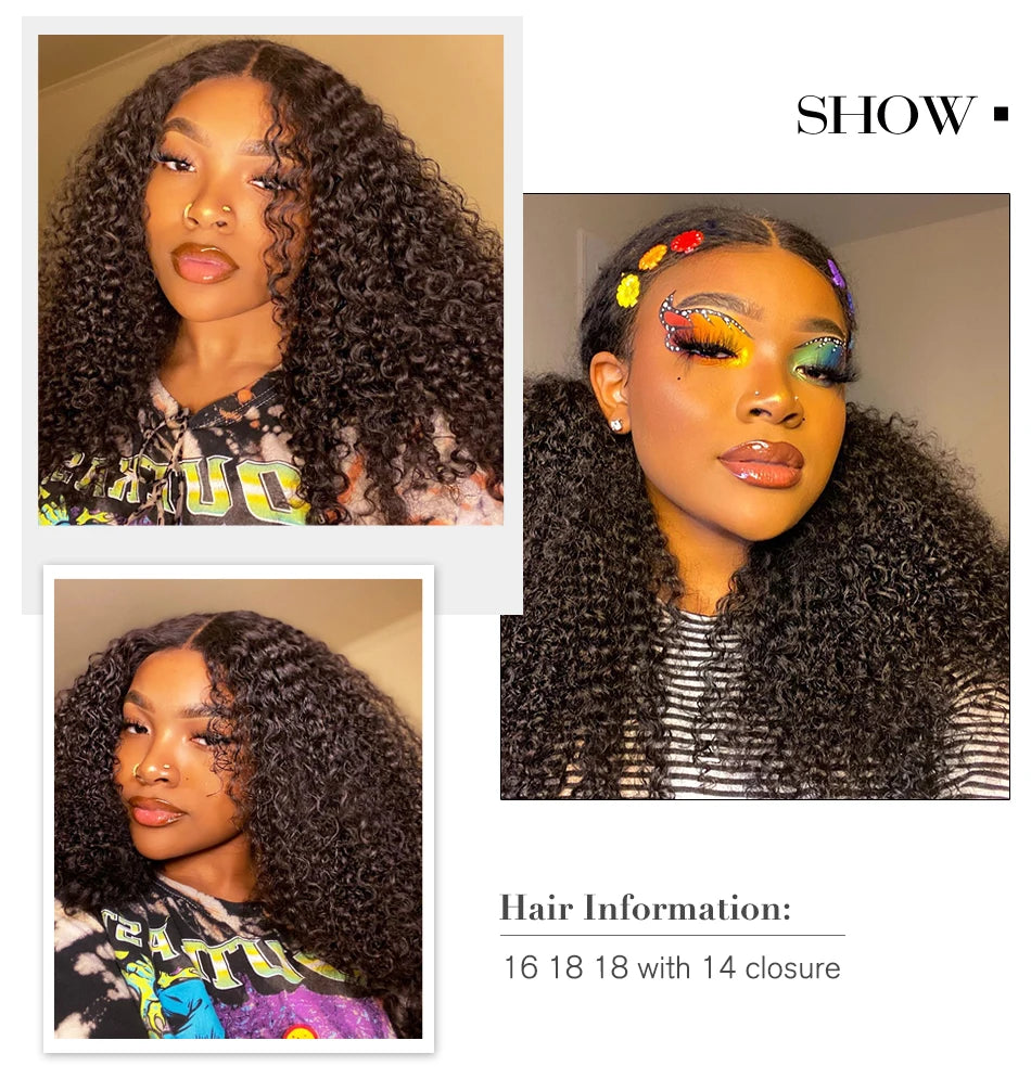 15A Brazilian Virgin Human Hair Kinky Curly Bundles With Frontal Ocean Water Wave Bundles With Frontal Bundles With Lace Closure