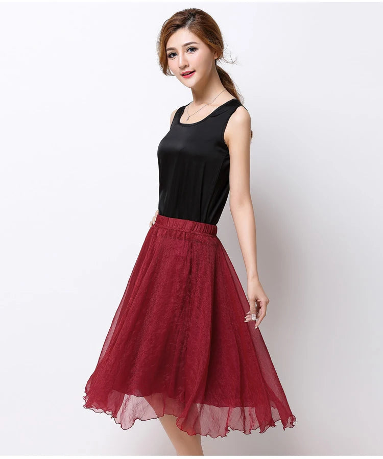 Summer Women Silk Tutu Skirts Chiffon Pleated Dance Beach Wedding Party Skirt Black White Elastic High Waist Midi Skirts