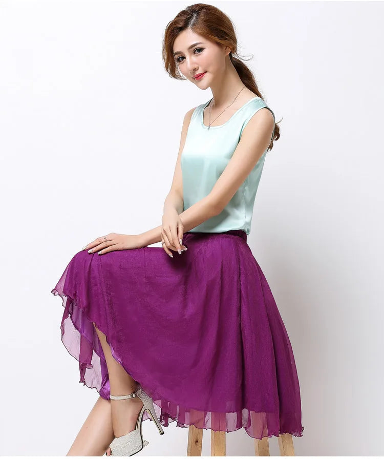 Summer Women Silk Tutu Skirts Chiffon Pleated Dance Beach Wedding Party Skirt Black White Elastic High Waist Midi Skirts