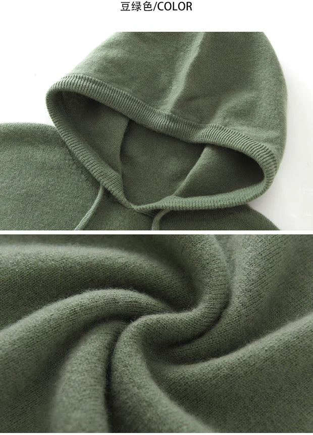 Men's Autumn Winter 100% Merino Wool Sweater Hooded Collar Knitted Pullover Cashmere Sweatshirt Casual Large Tops Long Sleeved