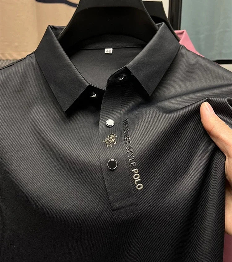 High end brand short sleeve polo shirt men's 2025 summer new trend embossed design casual ice silk breathable lapel Paul T-shirt