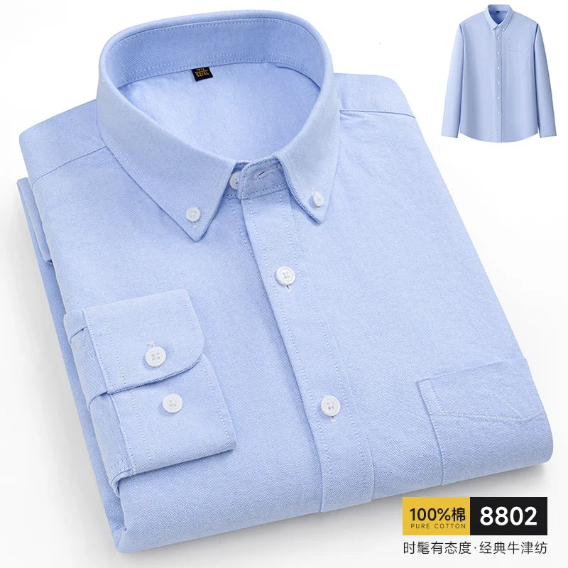 100% Pure Cotton Men Shirts Long Sleeve Dress Shirts Male Slim Social Business Blouse Solid Color Oxford Shirt 8XL 10XL 11XL