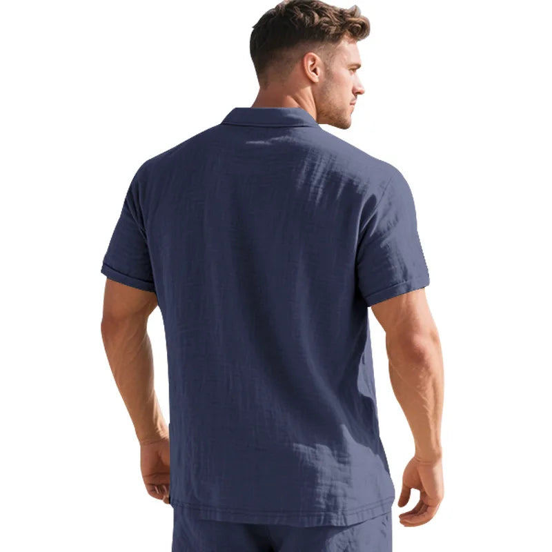 2025Summer New Men's Shirt British Style Loose Trendy Breathable Linen Casual Polo Collar Series POLO Shirt Short Sleeve