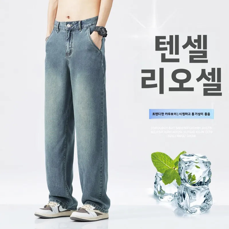 Lyocell Summer New Straight Jeans Men's Fashion Vintage Y2k Pants Streetwear Male Loose Casual Male Wide Denim Trousers baggy
