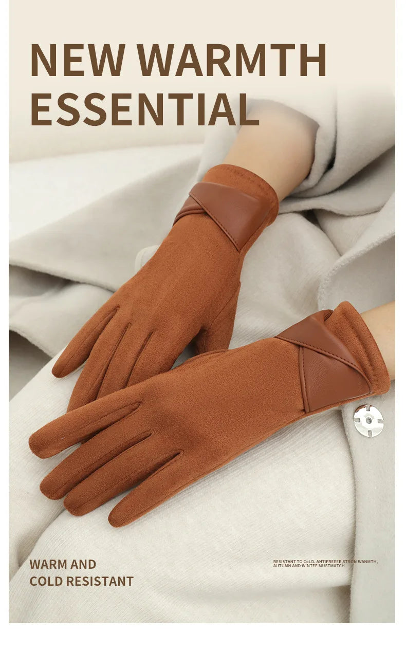 New Suede Gloves for Women Winter Plus Velvet Warm Commercial Style Temperament Bow Touch Screen Riding Driving