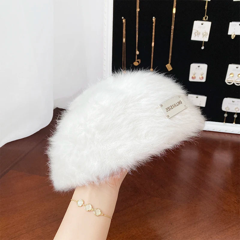 Rabbit Fur Beret Women's Autumn And Winter Korean Version Fashionable Versatile Iron Logo Reverse Wearing Plush Forward Hat