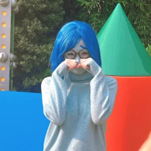 Synthetic Blue Sadness Wig【+Wig Cap+Glasses】Short Blue Bob Wigs Cosplay Wig Women Straight Blue Wig Costume Outfit Halloween
