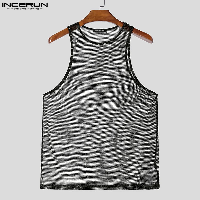 2025 INCERUN Sexy Tops Summer Sleeveless Mesh See-through Tank Tops Streetwear Oversized Tee Men's Clothing