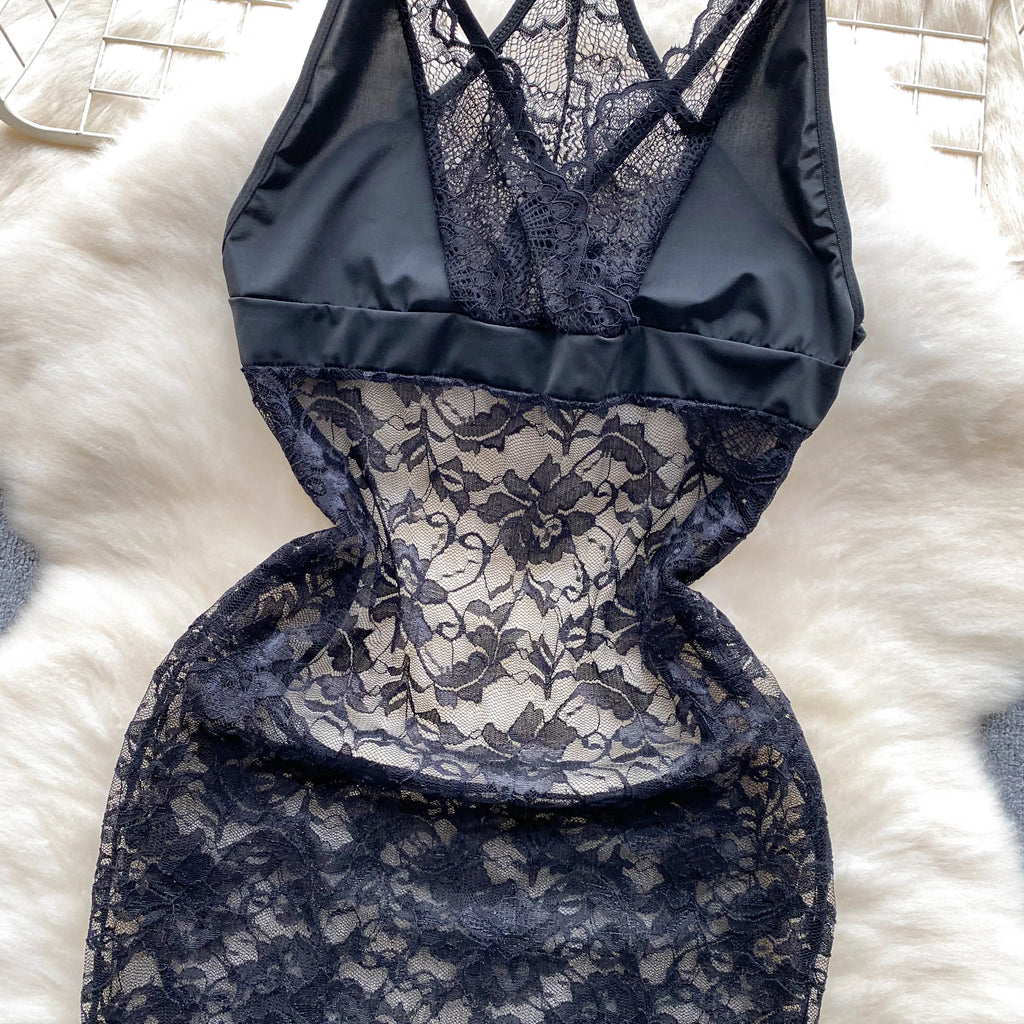 SINGREINY Summer France Sensual Night Dress Erotic Hollow Out Camis Lingerie Nightwear Women Split Slim Sheer Lace Pajamas Dress