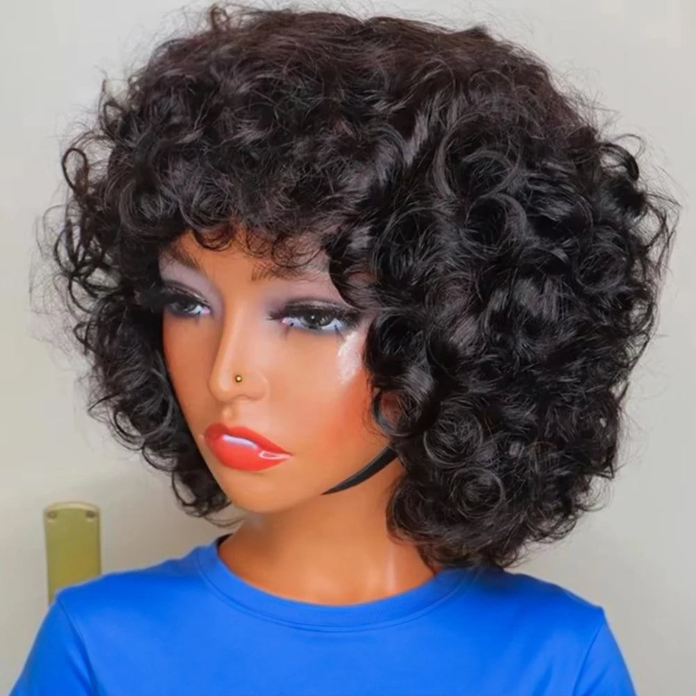 Ready to Wear Funmi Curly Full Machine Made Short Bob Wig with Bangs Glueless Loose Curly Vietnamese Human Hair Wigs for Women