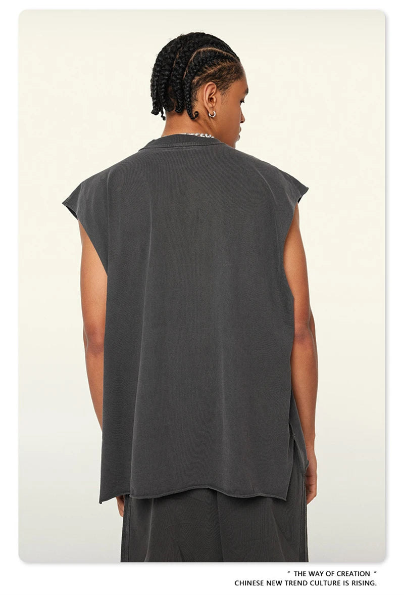 ZODF Vintage 2024 Washed 270gsm Cotton Tank Tops For Men Unisex Summer Relax Fit Slit Sleeveless Vest Streetwears HY0777
