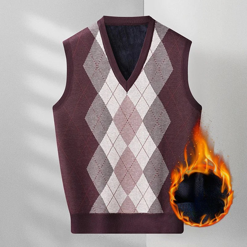 Fashion Vintage Winter Argyle Elastic Sweaters Vest Plus Fleece Thermal V-neck Sleeveless Loose Knitted Comfortable Pullover Top