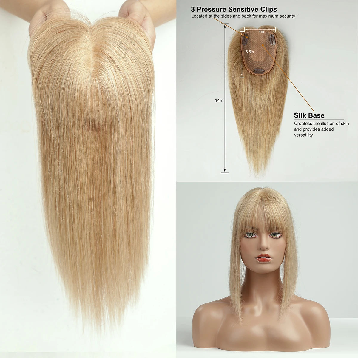 14 Inch Brown Silk Base Remy 100%Human Hair Toppers Clip-In Top Hairpiece for Women Natural Straight Hair Extensions